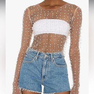Sheer Pearl Embellished Long Sleeve Top